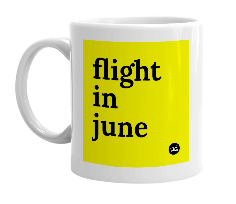 White mug with 'flight in june' in bold black letters
