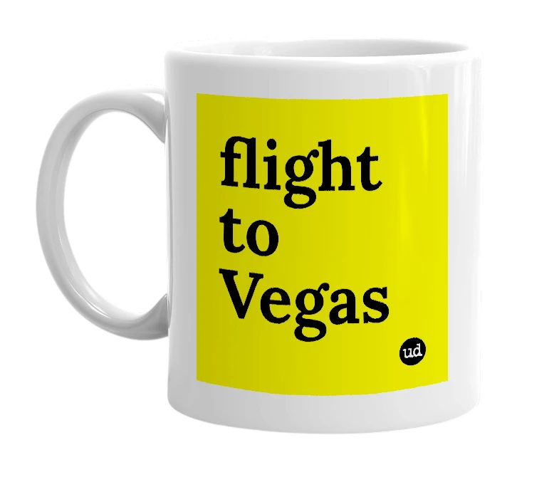 White mug with 'flight to Vegas' in bold black letters