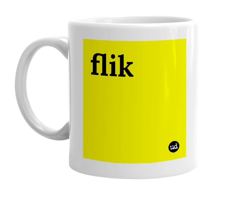 White mug with 'flik' in bold black letters
