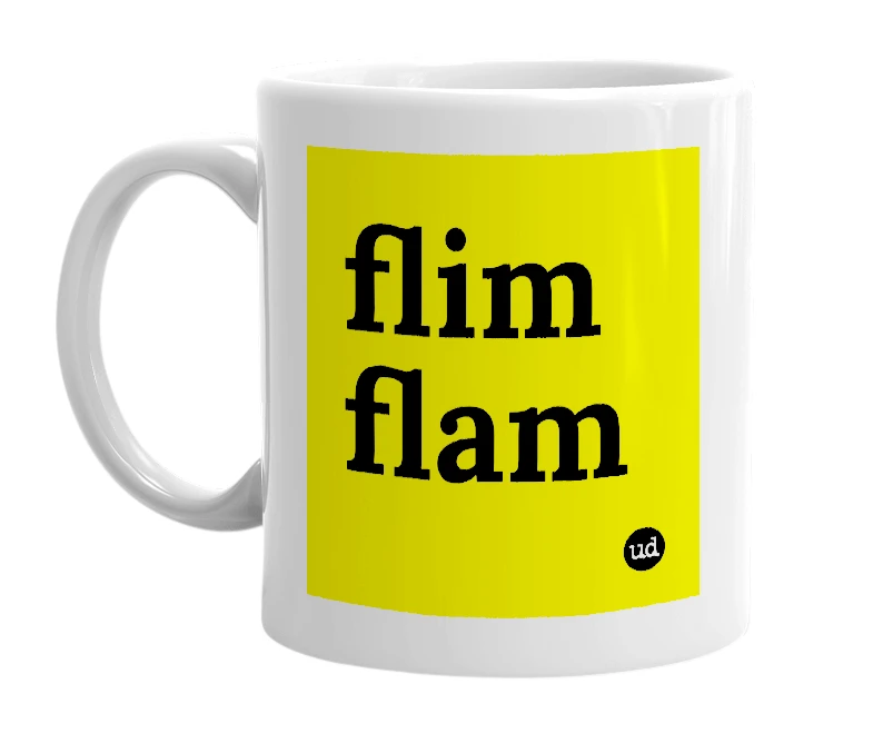 White mug with 'flim flam' in bold black letters