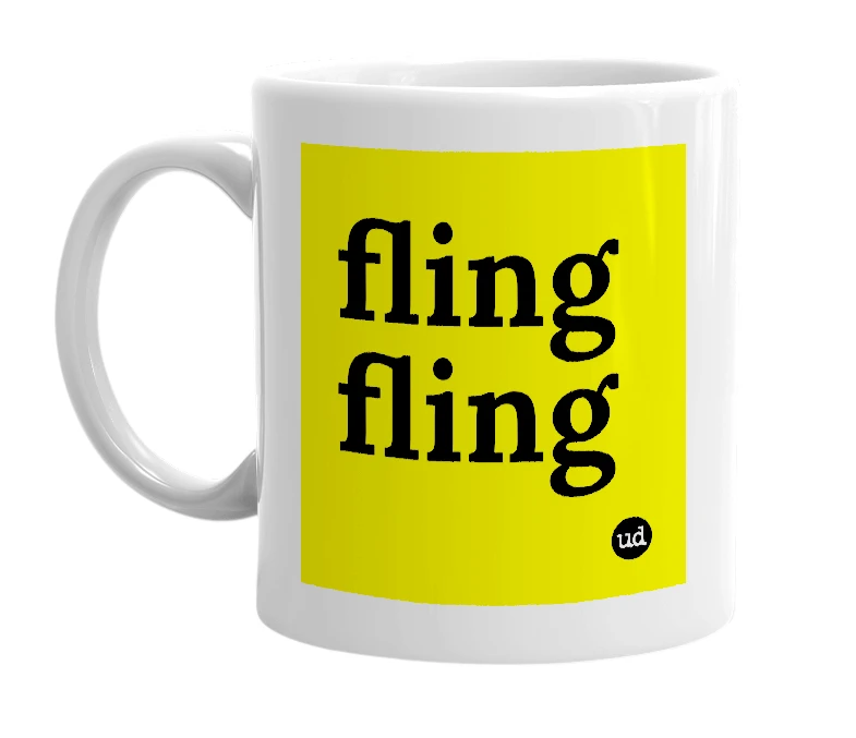 White mug with 'fling fling' in bold black letters