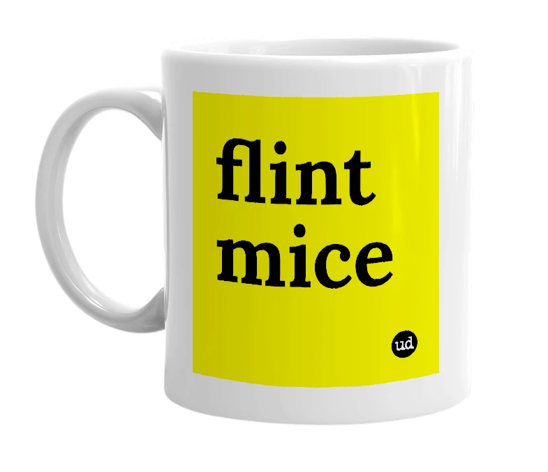 White mug with 'flint mice' in bold black letters