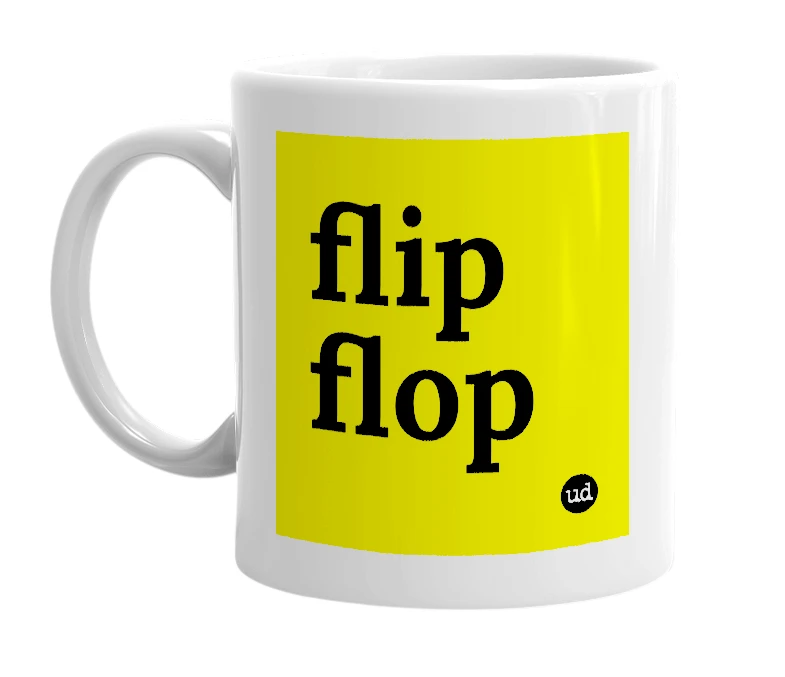 White mug with 'flip flop' in bold black letters