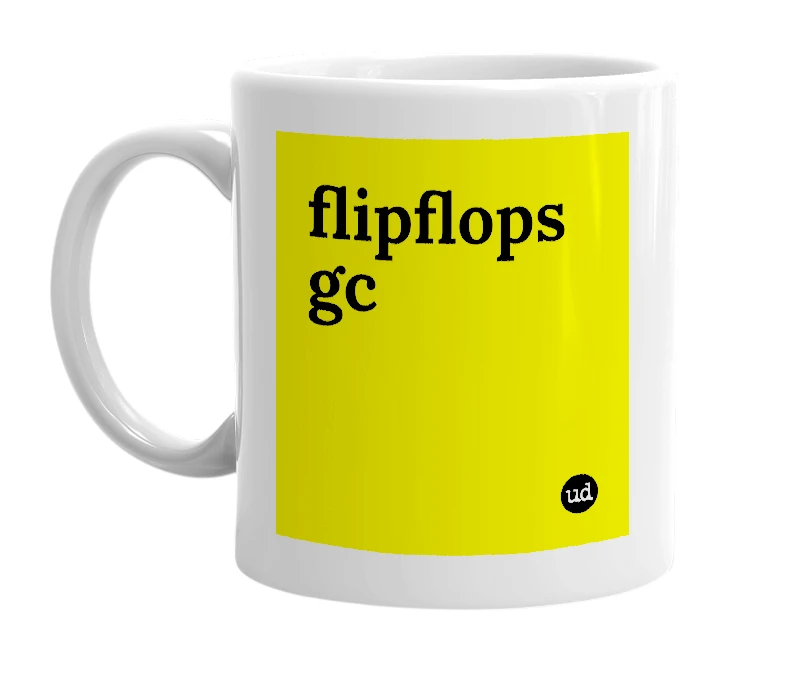 White mug with 'flipflops gc' in bold black letters