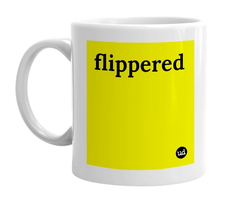 White mug with 'flippered' in bold black letters