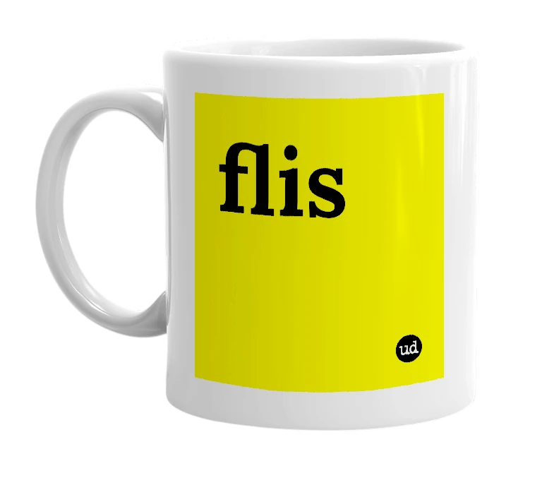 White mug with 'flis' in bold black letters