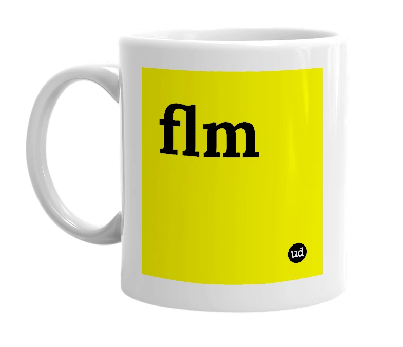 White mug with 'flm' in bold black letters