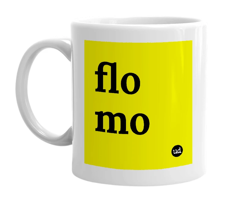 White mug with 'flo mo' in bold black letters