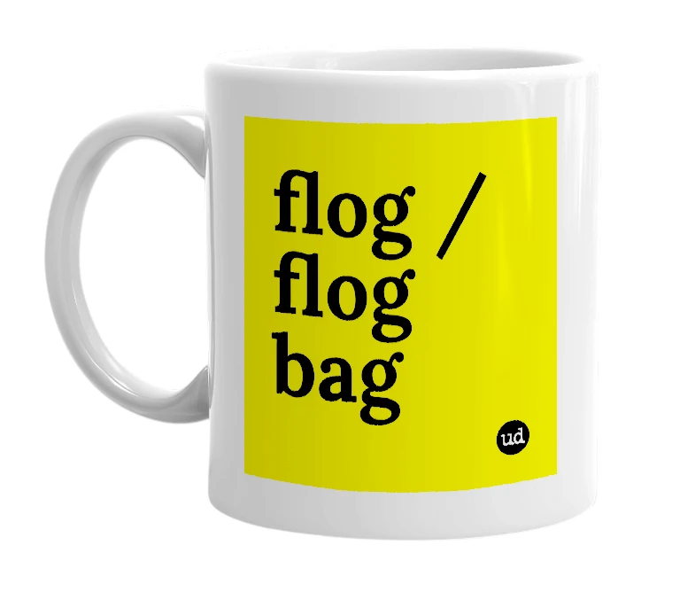 White mug with 'flog / flog bag' in bold black letters