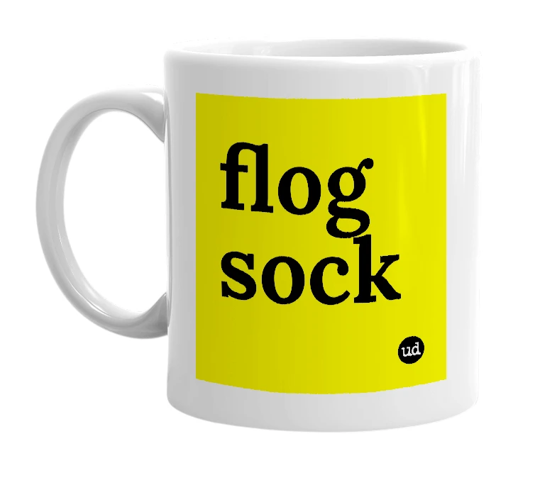 White mug with 'flog sock' in bold black letters