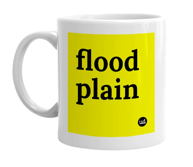 White mug with 'flood plain' in bold black letters