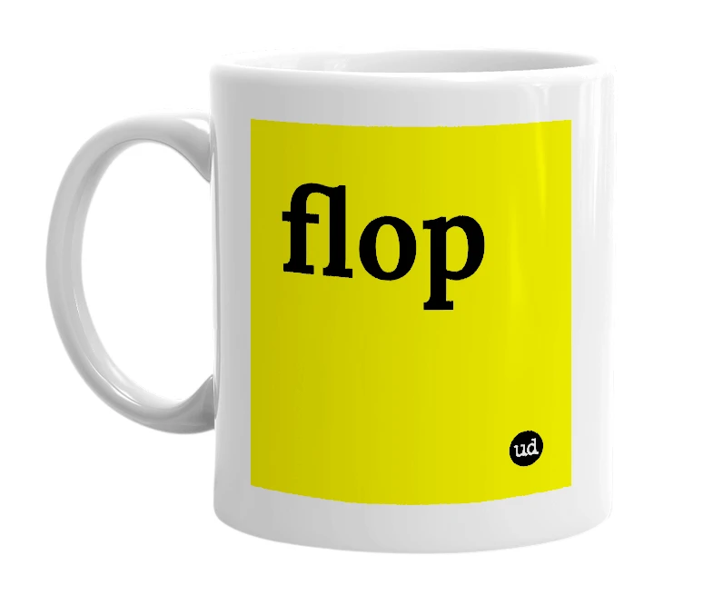 White mug with 'flop' in bold black letters