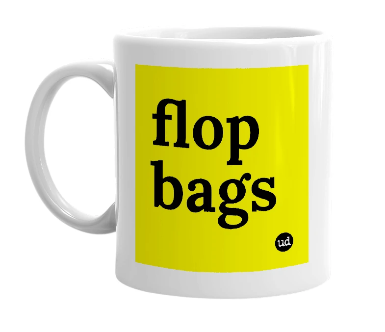 White mug with 'flop bags' in bold black letters