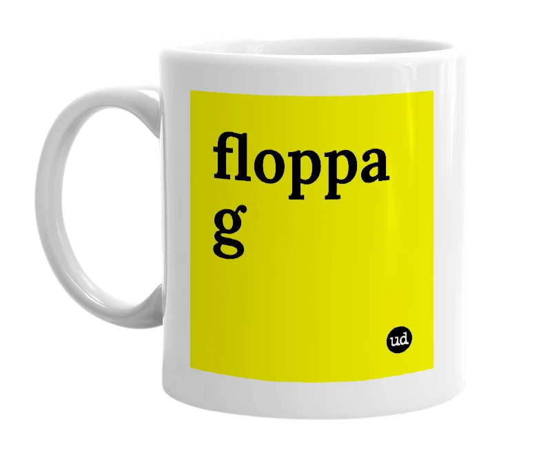 White mug with 'floppa g' in bold black letters