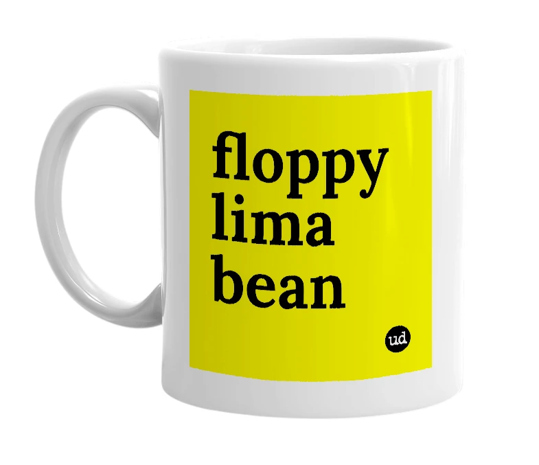 White mug with 'floppy lima bean' in bold black letters