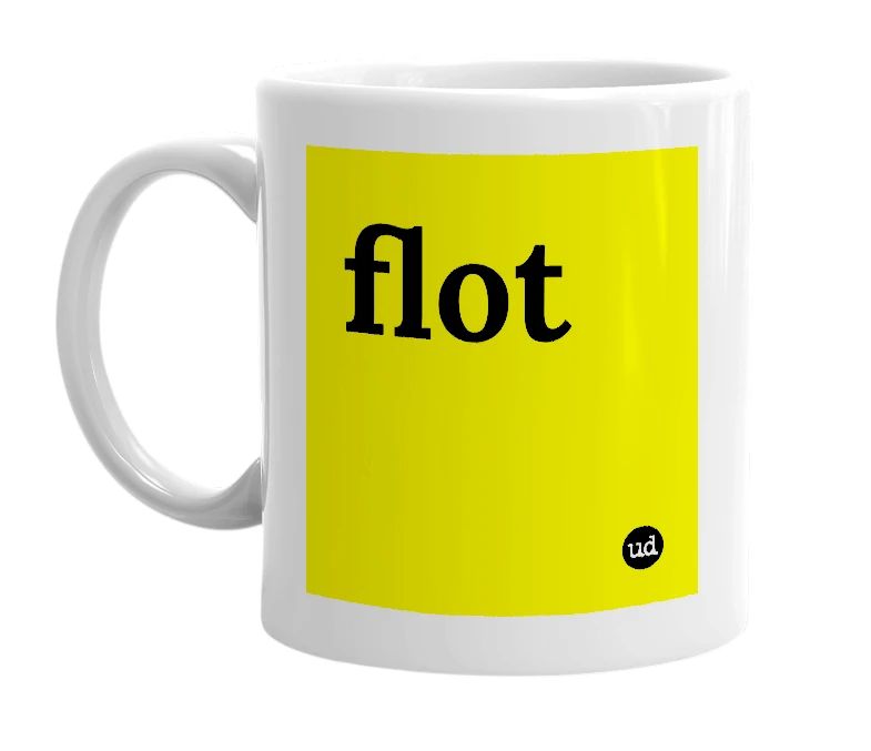 White mug with 'flot' in bold black letters