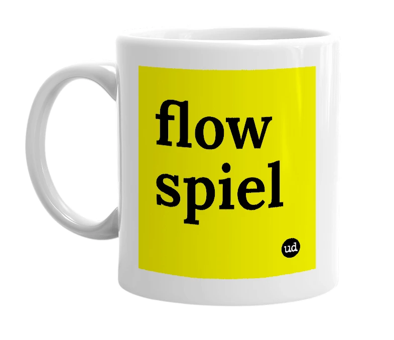 White mug with 'flow spiel' in bold black letters