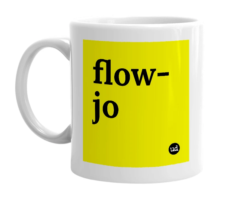 White mug with 'flow-jo' in bold black letters