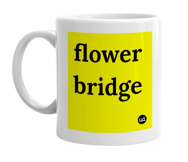 White mug with 'flower bridge' in bold black letters