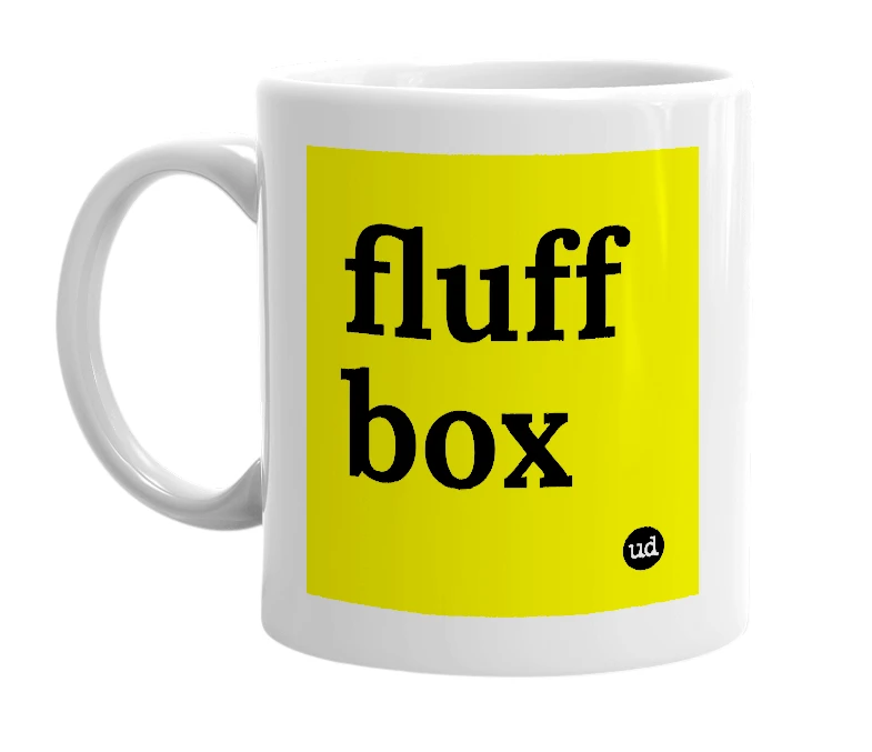 White mug with 'fluff box' in bold black letters