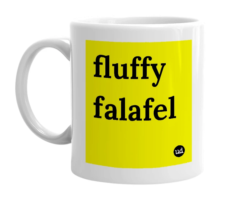 White mug with 'fluffy falafel' in bold black letters