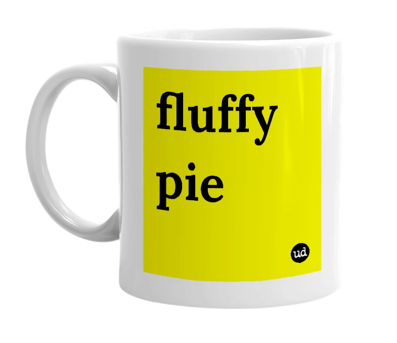 White mug with 'fluffy pie' in bold black letters