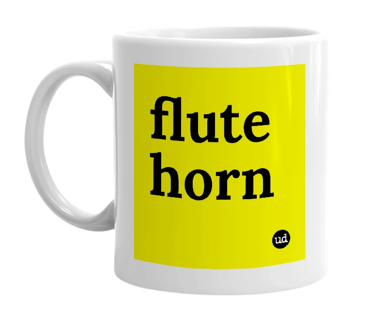 White mug with 'flute horn' in bold black letters