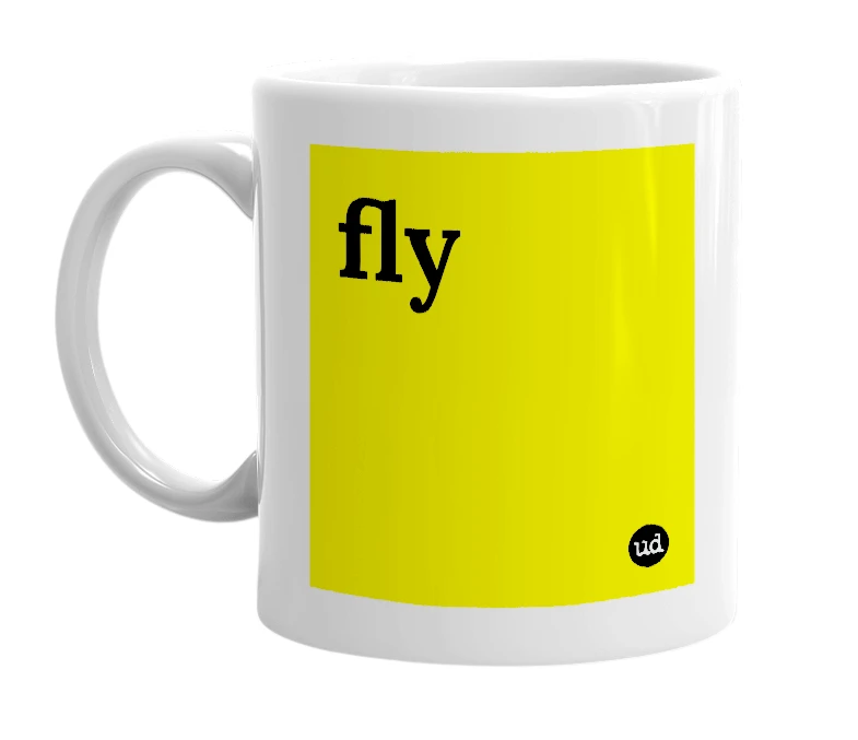 White mug with 'fly' in bold black letters
