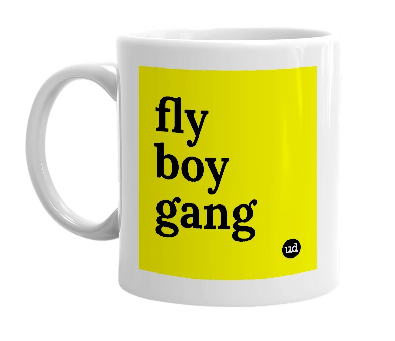 White mug with 'fly boy gang' in bold black letters