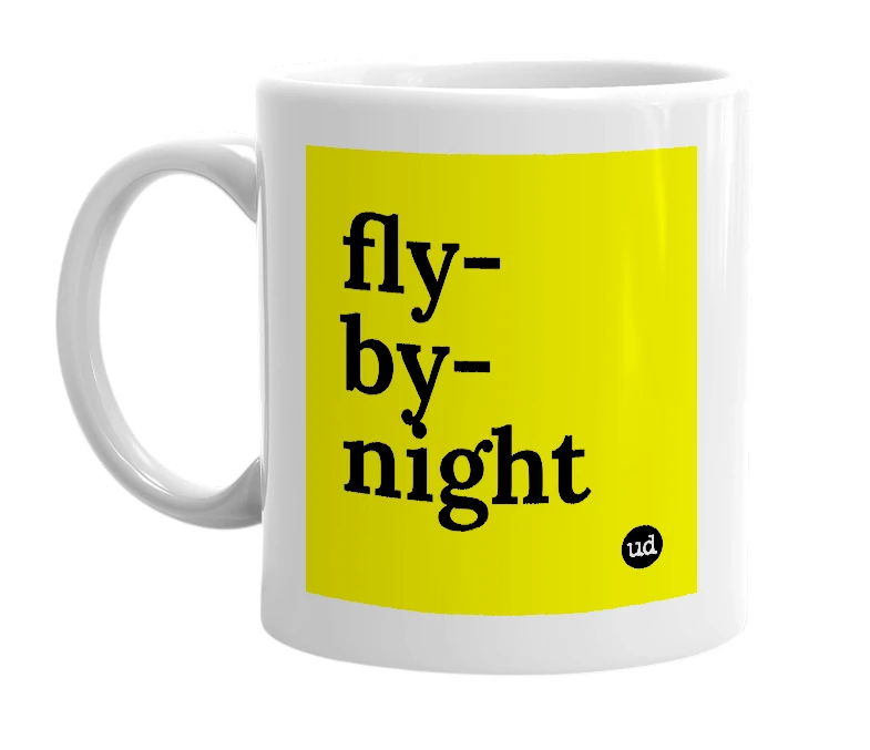 White mug with 'fly-by-night' in bold black letters