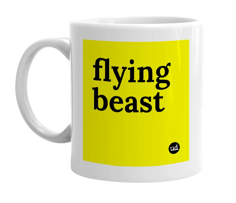 White mug with 'flying beast' in bold black letters