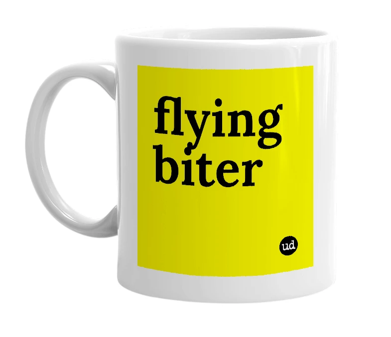 White mug with 'flying biter' in bold black letters