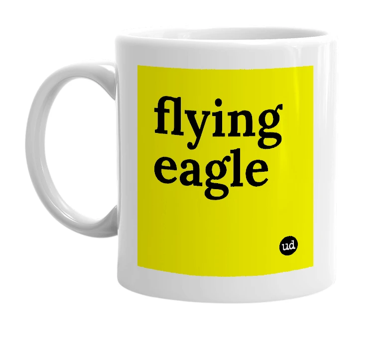 White mug with 'flying eagle' in bold black letters