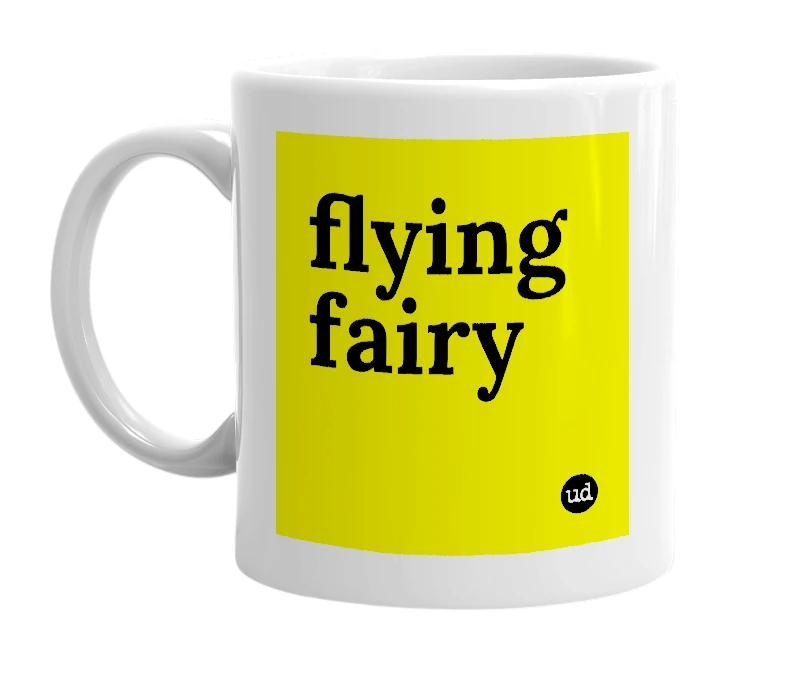 White mug with 'flying fairy' in bold black letters