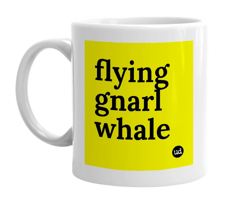 White mug with 'flying gnarl whale' in bold black letters