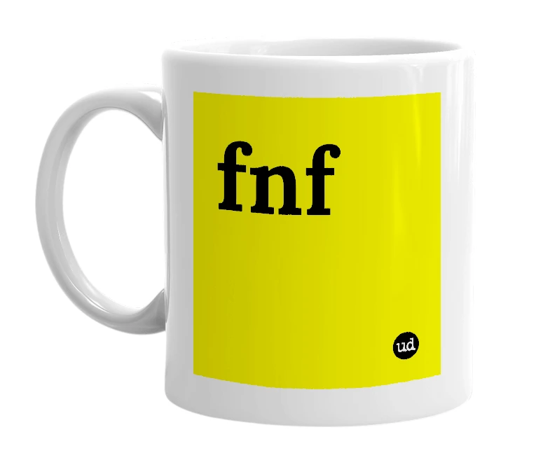 White mug with 'fnf' in bold black letters