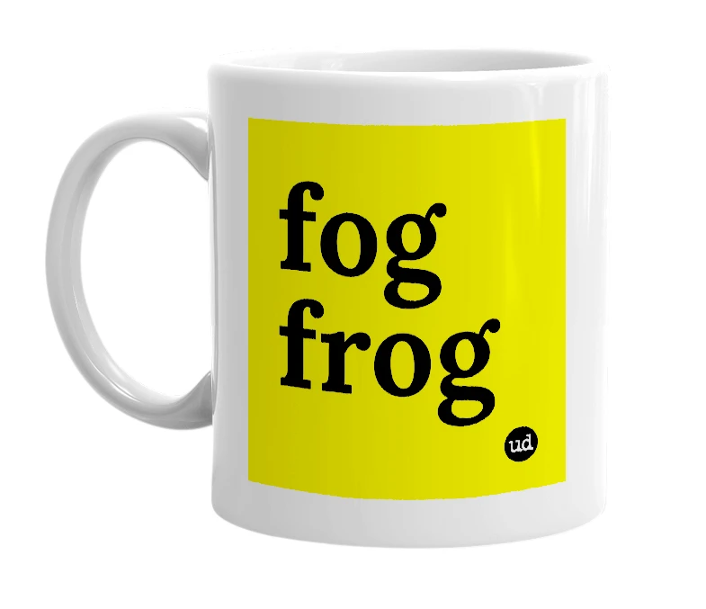 White mug with 'fog frog' in bold black letters