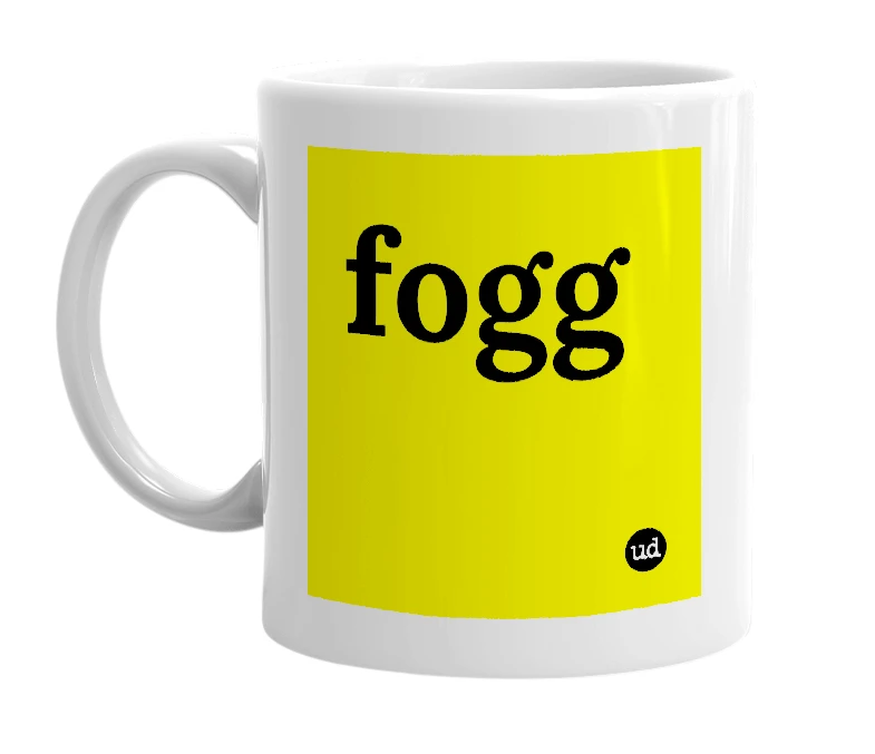 White mug with 'fogg' in bold black letters