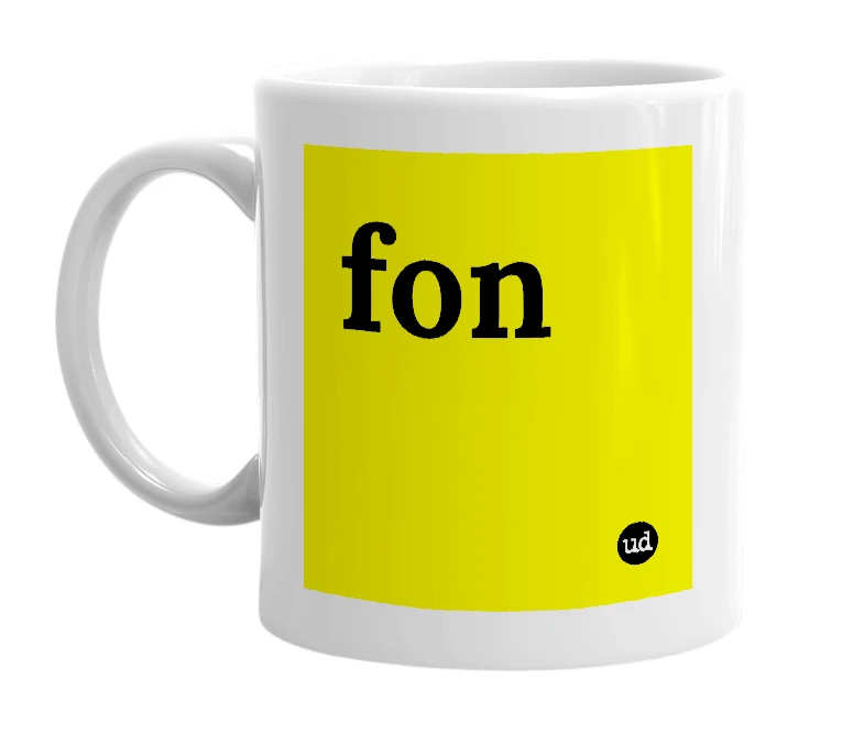 White mug with 'fon' in bold black letters