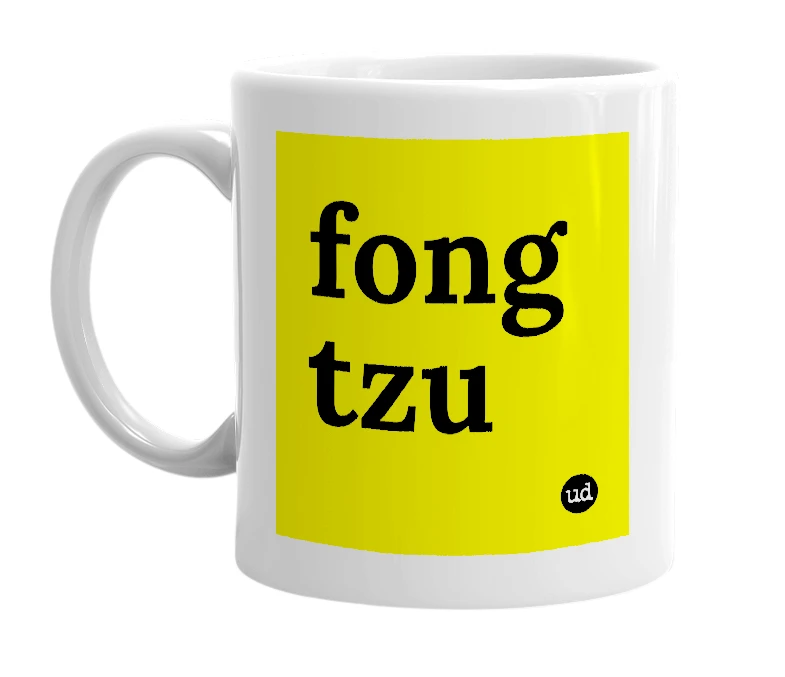 White mug with 'fong tzu' in bold black letters