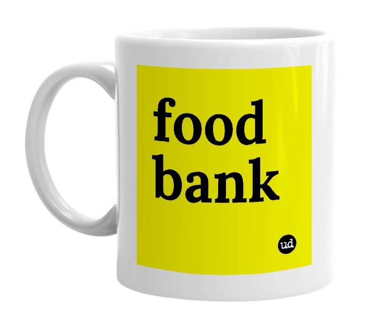 White mug with 'food bank' in bold black letters