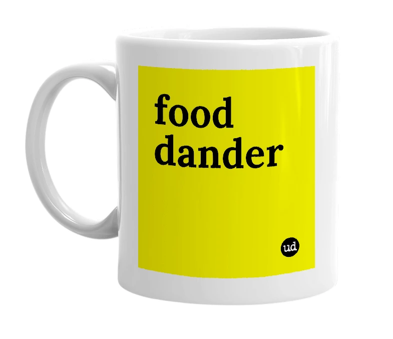 White mug with 'food dander' in bold black letters