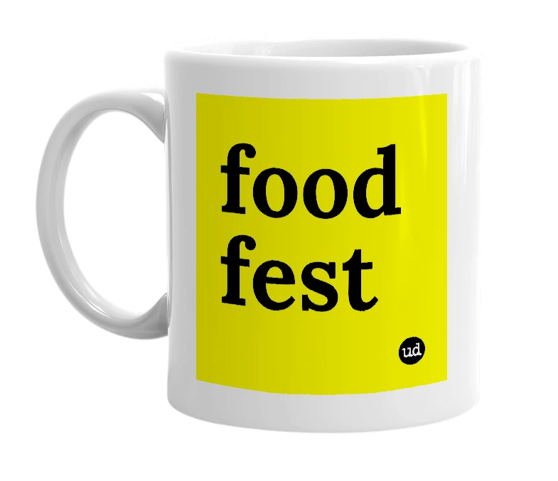 White mug with 'food fest' in bold black letters