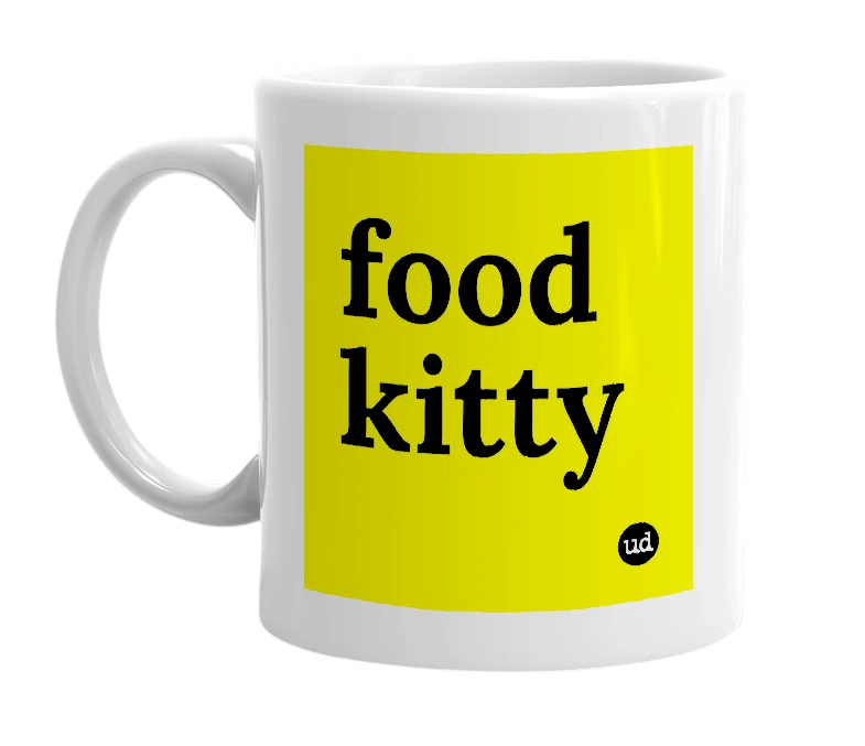 White mug with 'food kitty' in bold black letters