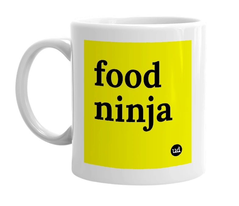 White mug with 'food ninja' in bold black letters