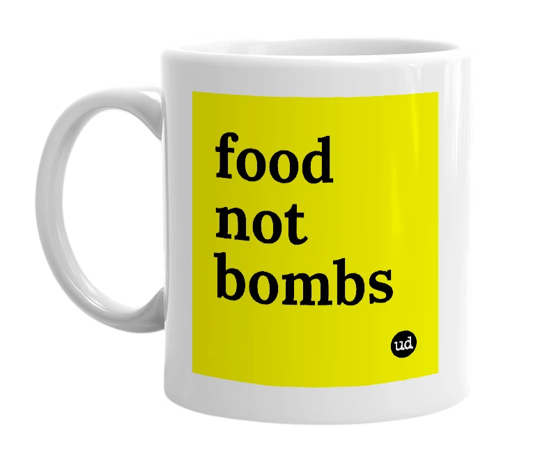 White mug with 'food not bombs' in bold black letters