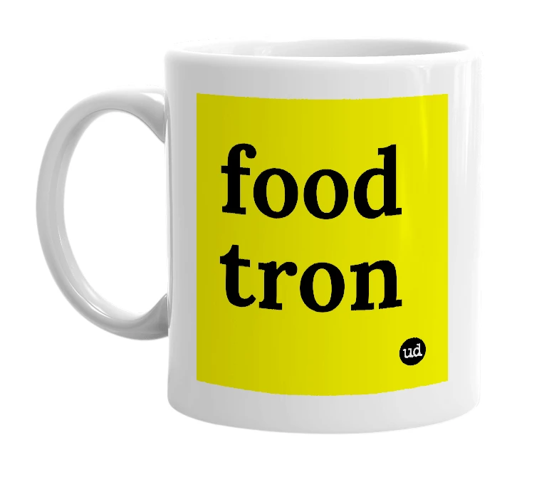 White mug with 'food tron' in bold black letters