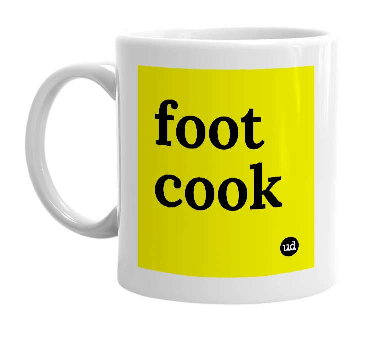 White mug with 'foot cook' in bold black letters