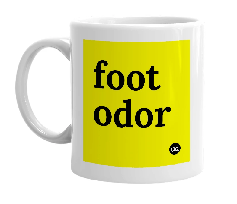 White mug with 'foot odor' in bold black letters