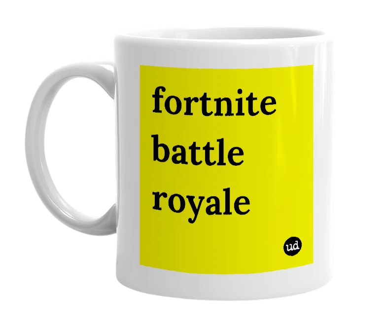White mug with 'fortnite battle royale' in bold black letters